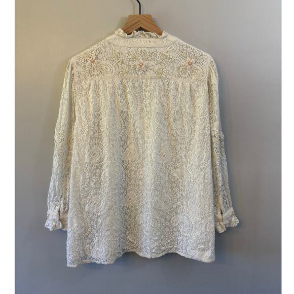 John Mark Lace Pearl Beaded Embroidered Ruffle Collar Top XLarge Cream Coastal - Picture 7 of 9
